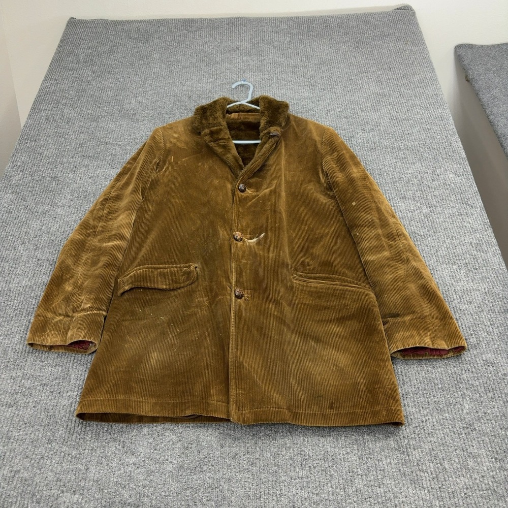 Vintage Mighty-Mac Coat Mens‎ 38 Brown Corduroy Faux Fur Collar Workwear Utility